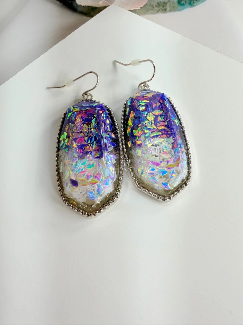 Iridescent Holographic Dangle Earrings - Silver Trim